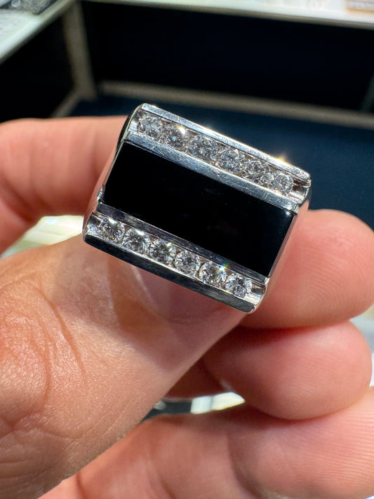 14k White Gold Onyx & Diamond Ring Men’s Nice Size 10.5 Natural .50 Carat Pinky