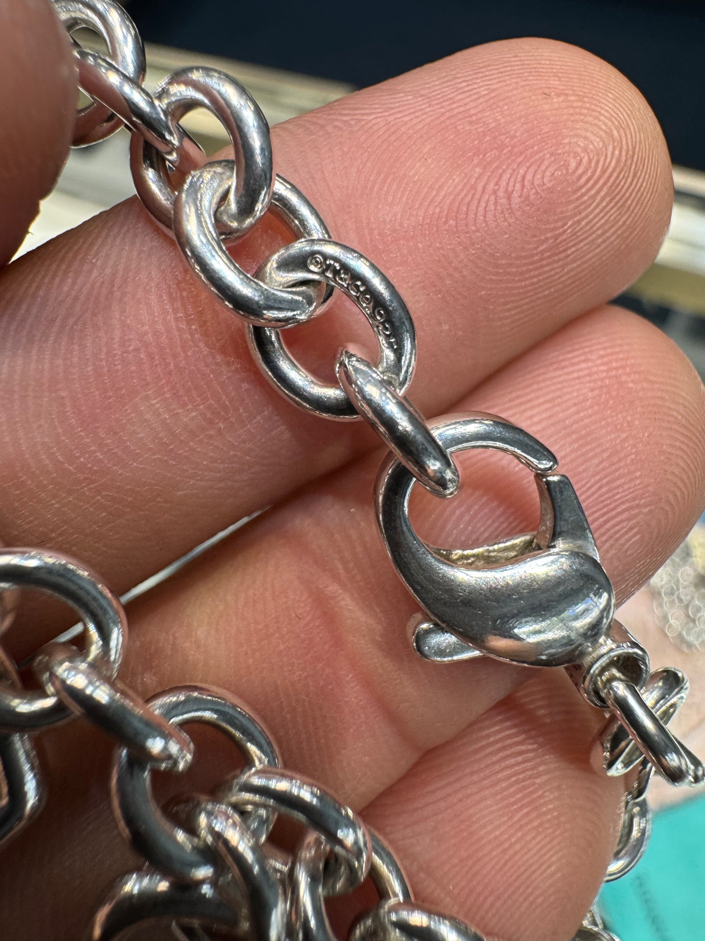 Authentic Tiffany & Co. Sterling Silver Open Heart 7.75" Charm Bracelet Nice