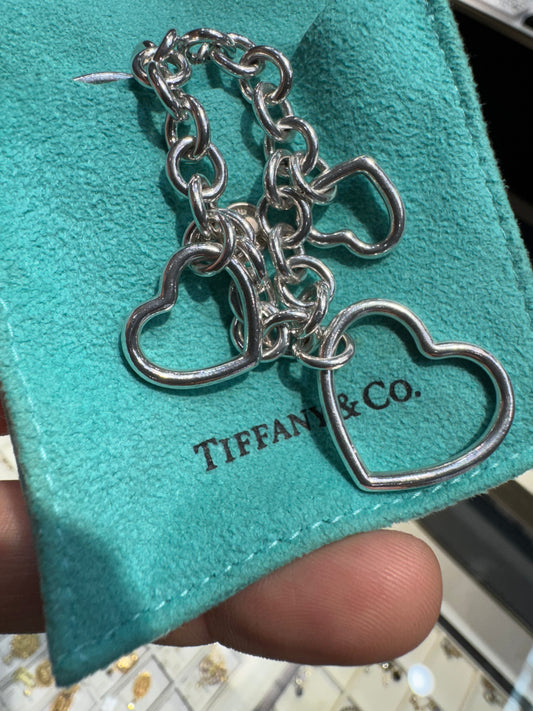 Authentic Tiffany & Co. Sterling Silver Open Heart 7.75" Charm Bracelet Nice
