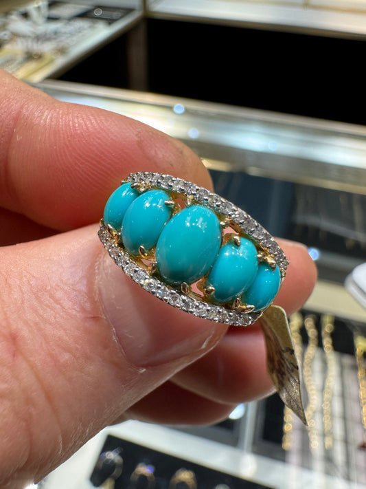 14k Gold Thailand Turquoise & Diamond Ring Excellent