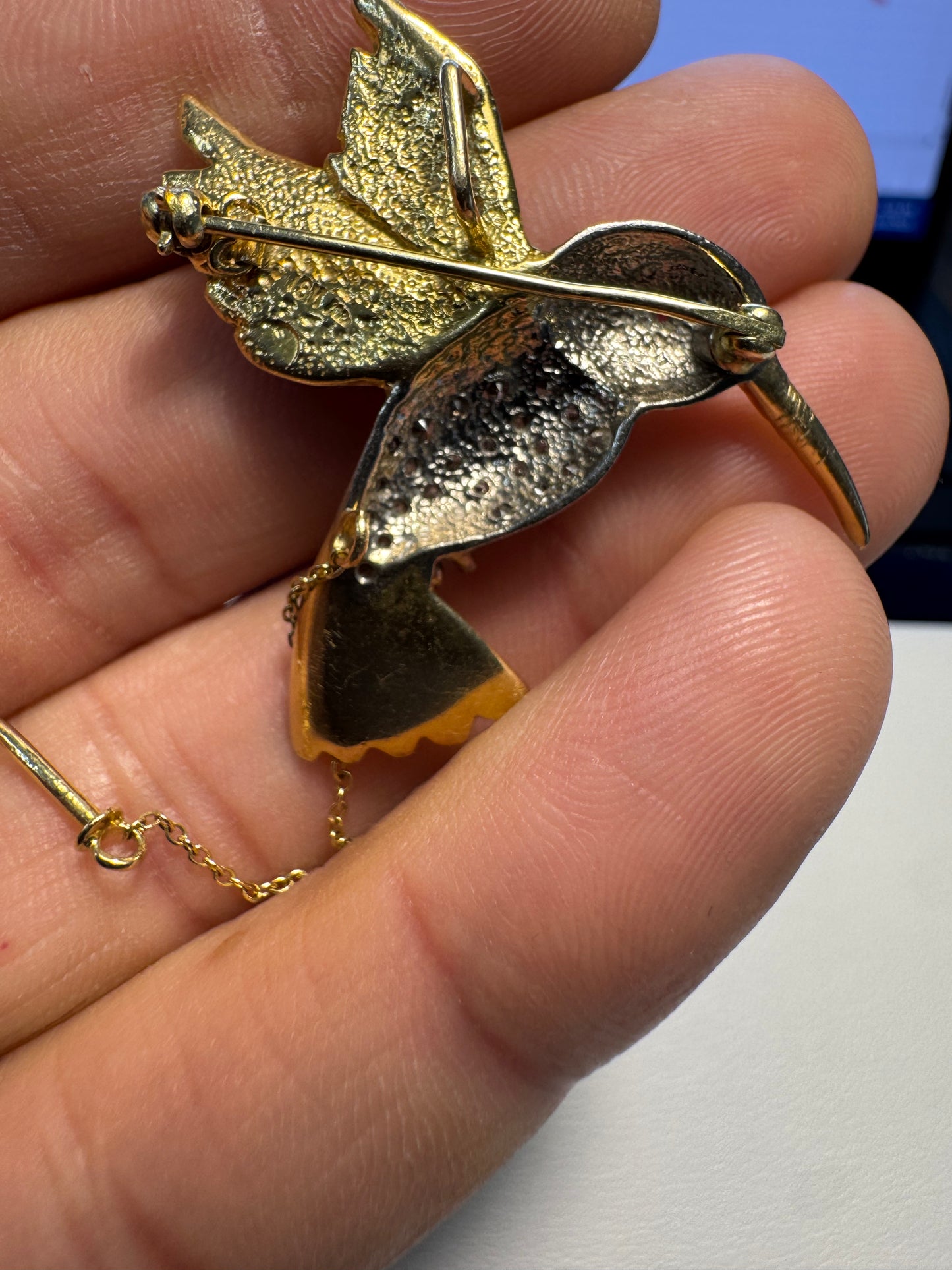 18k Gold Sculpted Hummingbird Brooch 1ct Diamond and Ruby Pendant Nice .80 Carat